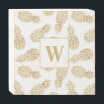 Monogram Gold Pineapple Wooden Box Sign<br><div class="desc">Your monogram and gold pineapples on a square distressed wood block is a fabulous addition to your home decor to display on coffee table and  ottoman trays,  tiered trays or display on your shelves. Great as a gift,  too! Matching items in our store.</div>