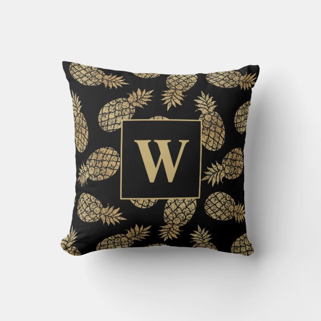 Monogram Gold Pineapples on Black Throw Pillow (Front)