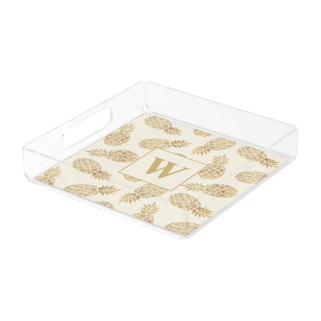 Monogram Gold Pineapples on Ivory Acrylic Tray (Angled)