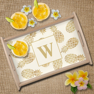 Monogram Gold Pineapples on Ivory Serving Tray