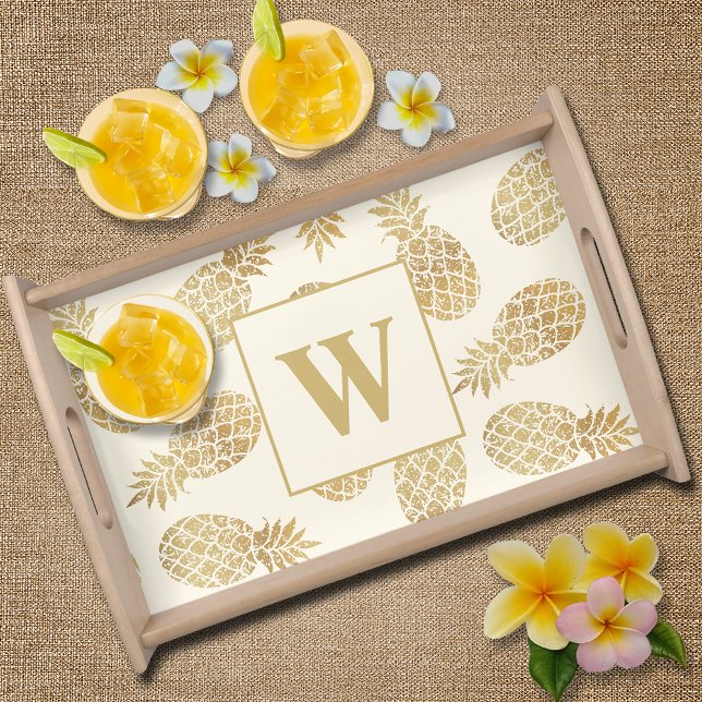Monogram Gold Pineapples on Ivory Serving Tray (Creator Uploaded)