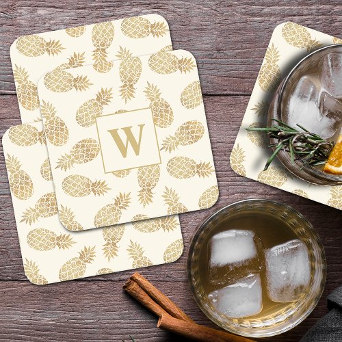 Monogram Gold Pineapples on Ivory Square Paper Coaster