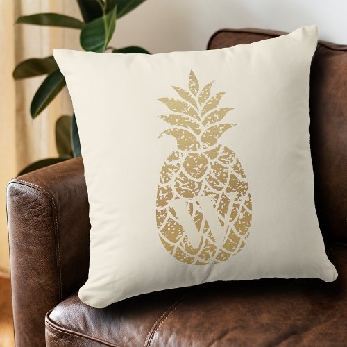 Monogram Gold Pineapples on Ivory Throw Pillow