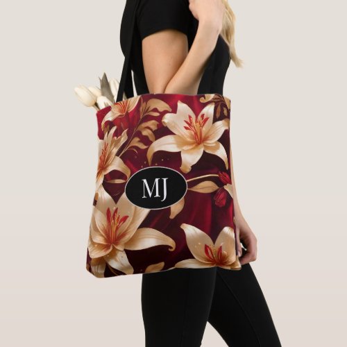 Monogram Gold Pink Lily On Red Silk Tote Bag