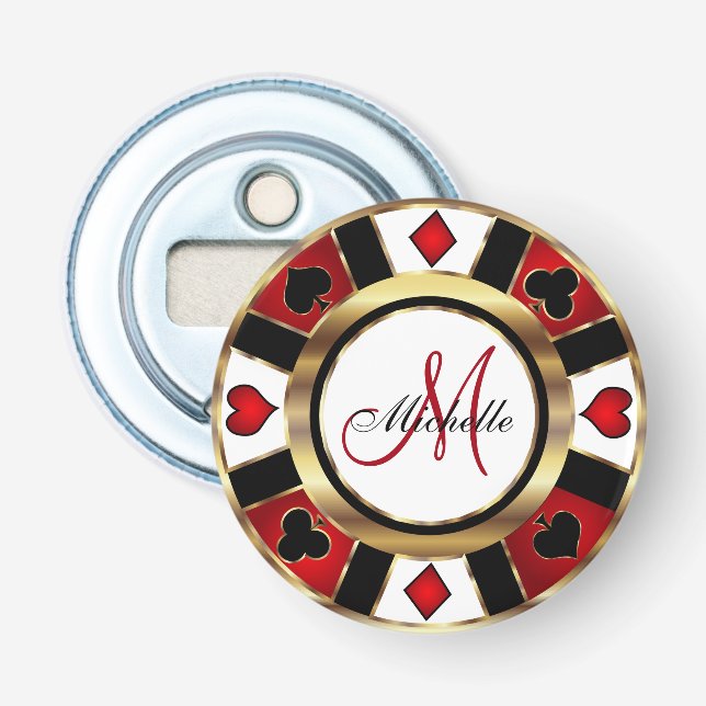 Monogram Gold Poker Chip Design Bottle Opener (Front)