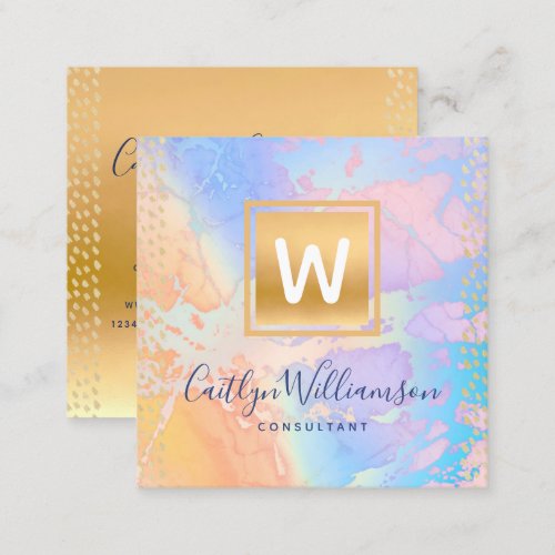 Monogram gold purple blue marble elegant modern  square business card
