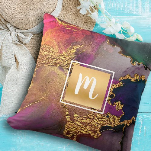 Monogram gold purple green blue marble watercolor throw pillow