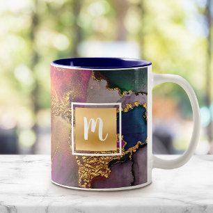Monogram gold purple green blue marble watercolor Two-Tone coffee mug
