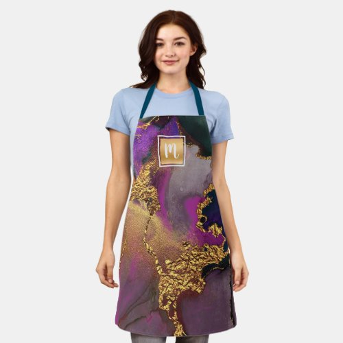 Monogram gold purple green marble watercolor bold apron