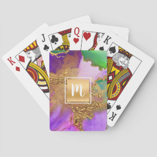 Monogram gold purple green marble watercolor bold poker cards