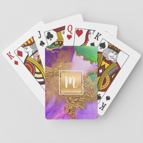 Monogram gold purple green marble watercolor bold  poker cards