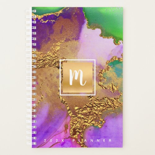 Monogram gold purple green marble watercolor chic planner