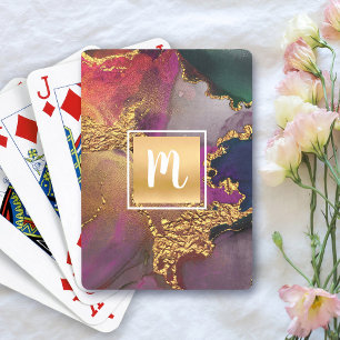 Monogram gold purple navy green watercolor agate poker cards