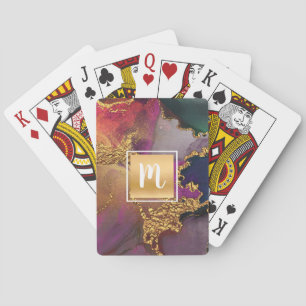 Monogram gold purple navy green watercolor marble poker cards