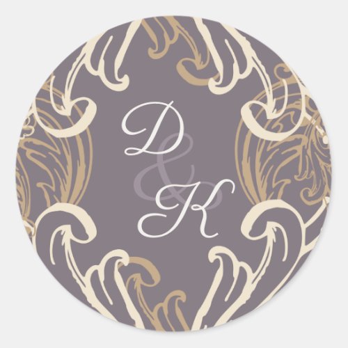 Monogram Gold Purple Vintage Invitation Classic Round Sticker