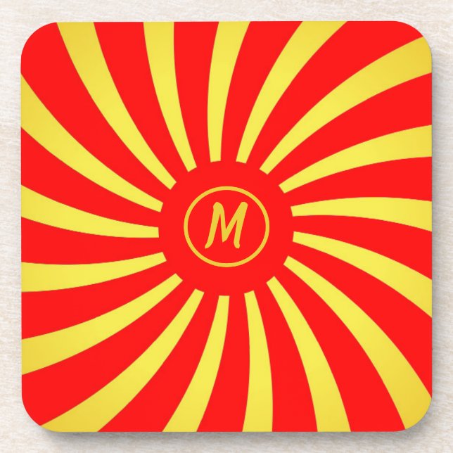 Monogram Gold & Red Spirals Beverage Coaster (Front)