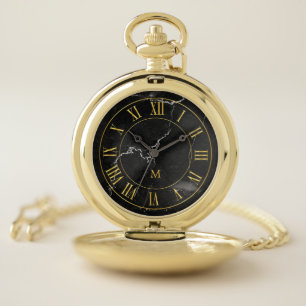 Monogram. Gold Roman Numerals. Black Marble. Pocket Watch