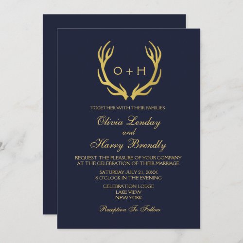 Monogram Gold Rustic Antlers Wedding Invitation