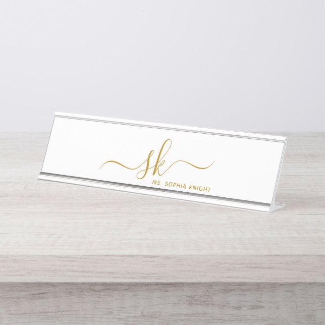 Monogram Gold Script Calligraphy Modern Custom Desk Name Plate (Front)
