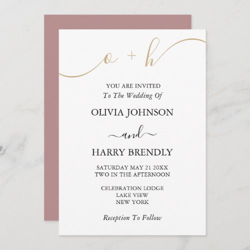 Monogram Gold Script Dusty Rose Wedding Invitation