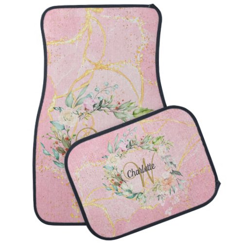 Monogram Gold Script Floral Pink Geode Agate Car Floor Mat