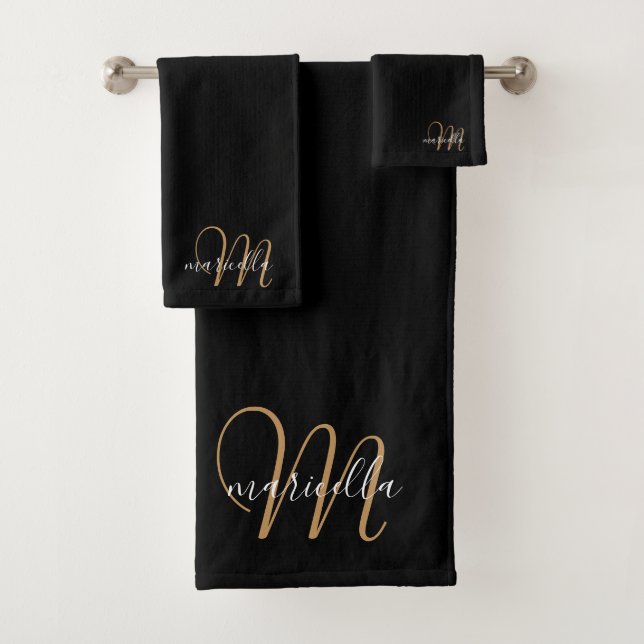 Monogram Gold Script Name Black Bath Towel Set (Insitu)