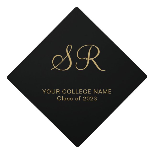 Monogram Gold Script Typography Graduation Cap Topper (Front)