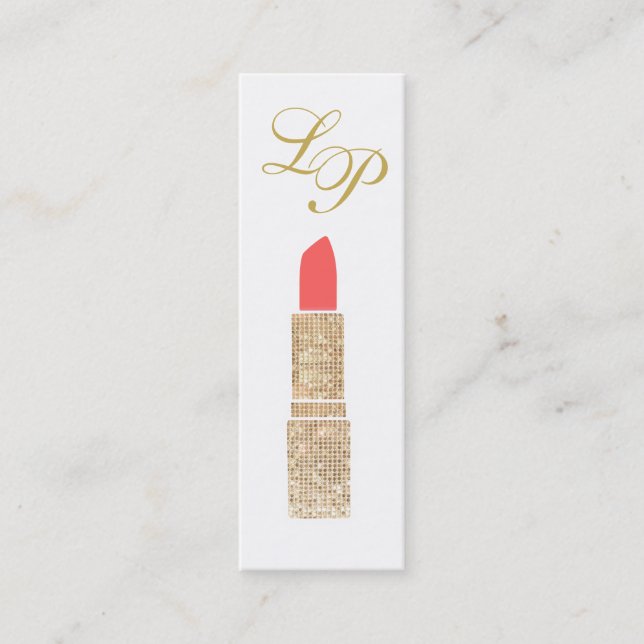 Monogram Gold Sequin Lipstick Makeup Artist Mini Business Card (Front)