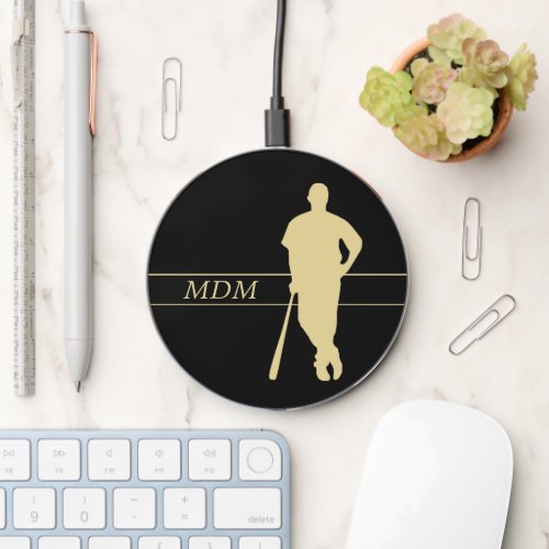 Monogram Gold Silhouette Baseball Player on Black Wireless Charger
