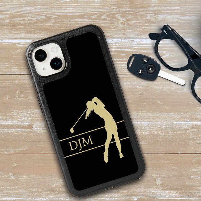 Monogram Gold Silhouette Female Golfer Otterbox iPhone Case (Creator Uploaded)