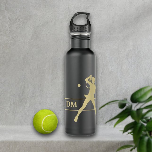 Monogram Gold Silhouette Female Tennis Player Stainless Steel Water Bottle (Creator Uploaded)