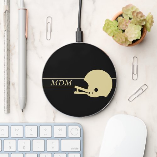 Monogram Gold Silhouette Football Helmet on Black Wireless Charger