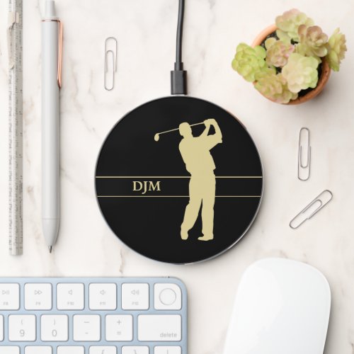 Monogram Gold Silhouette Golfer on Black Wireless Charger