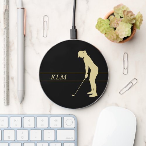 Monogram Gold Silhouette Woman Golfer on Black Wireless Charger