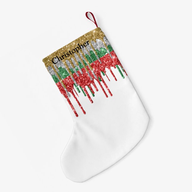Monogram Gold Silver Red Green Glitter Drips Small Christmas Stocking (Back (Hanging))