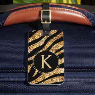 Monogram Gold Sparkle Zebra Stripe Luggage Tag