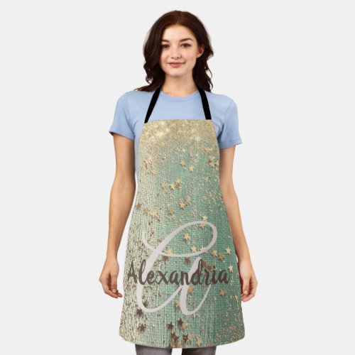 Monogram Gold Stars Glitter on Green Burlap Apron