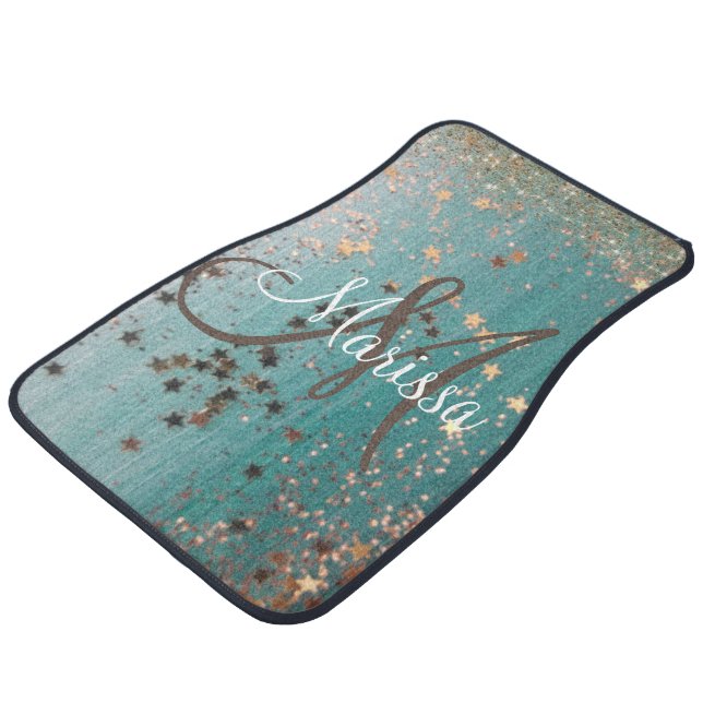 Monogram Gold Stars Glitter on Teal    Car Floor Mat (Angled)