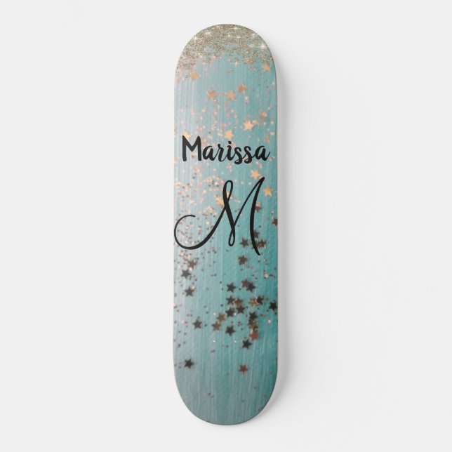 Monogram Gold Stars Glitter on Teal   Skateboard (Front)