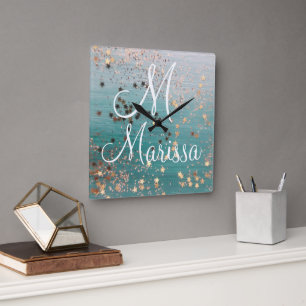 Monogram Gold Stars Glitter on Teal               Square Wall Clock