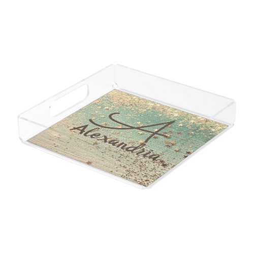 Monogram Gold Stars on Green Personalized Acrylic Tray