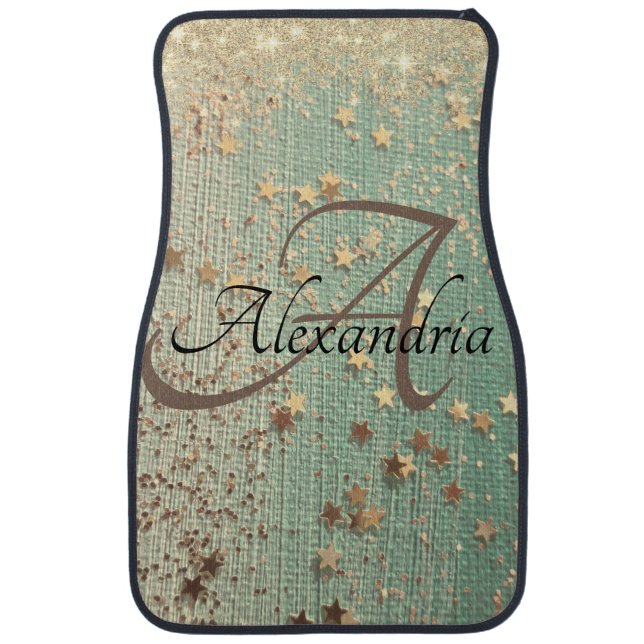 Monogram Gold Stars on Sea Green  Car Floor Mat (Front)