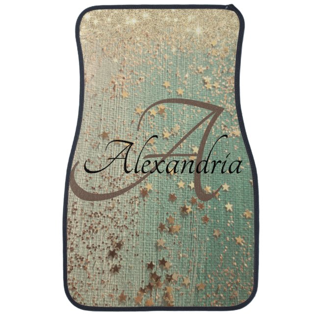 Monogram Gold Stars on Sea Green  Car Floor Mat (Front)