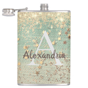 Monogram Gold Stars on Sea Green Flask