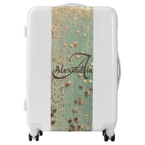 Monogram Gold Stars on Sea Green Luggage