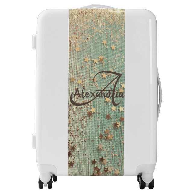 Monogram Gold Stars on Sea Green Luggage (Front)