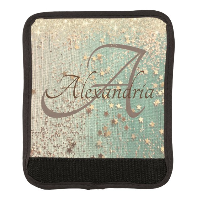 Monogram Gold Stars on Sea Green  Luggage Handle Wrap (Front)