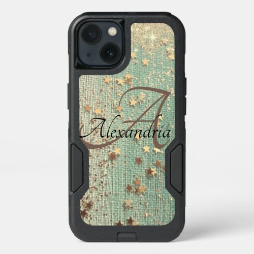 Monogram Gold Stars on Sea Green    iPhone 13 Case