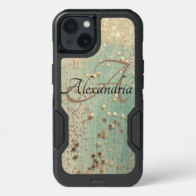 Monogram Gold Stars on Sea Green    Otterbox iPhone Case (Back)