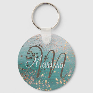 Monogram Gold Stars on Teal Button Keychain